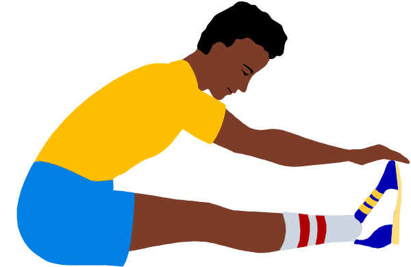 The image shows a cartoon of an athlete stretching with their hands on the ground while wearing shorts and sneakers; there is no text present in this clip-art illustration.