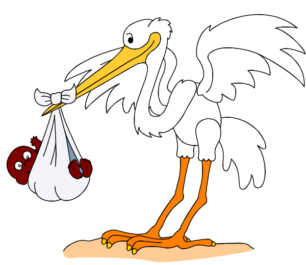 The cartoon depicts a large white bird with an orange beak holding a baby chick while standing on what appears to be sandy ground next to water.