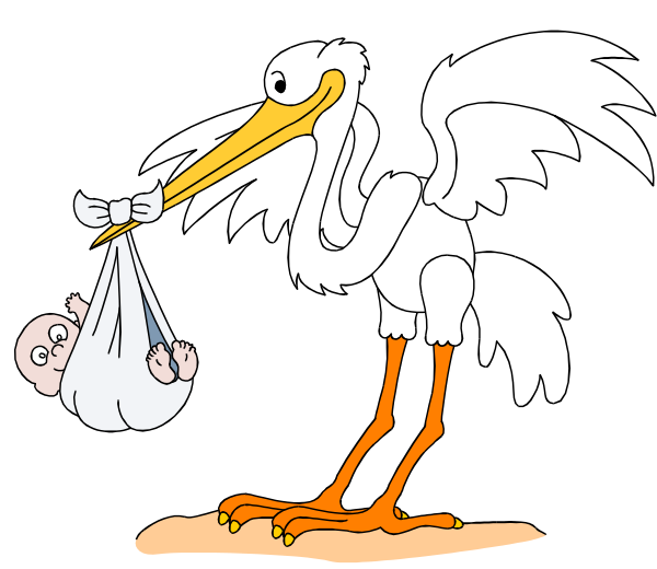 The image shows a cartoon of an adult bird holding its chick while standing on what appears to be land with two small chicks nearby; there is no text present in this clip-art illustration.