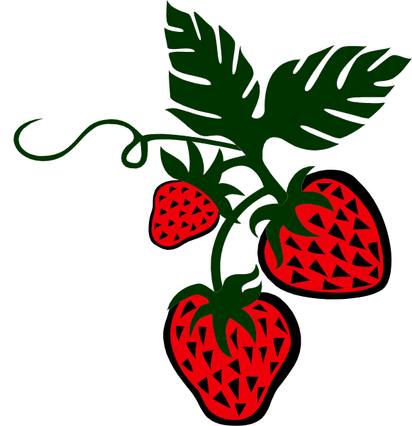 The image shows a graphic of two strawberries with green leaves on either side against a black background; there is no text present in this clip-art illustration.