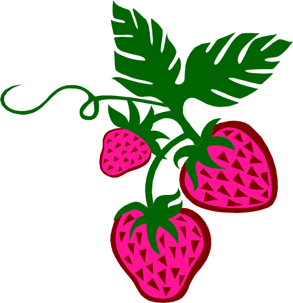 The image shows a cartoon of two strawberries with green leaves on them against a black background.
