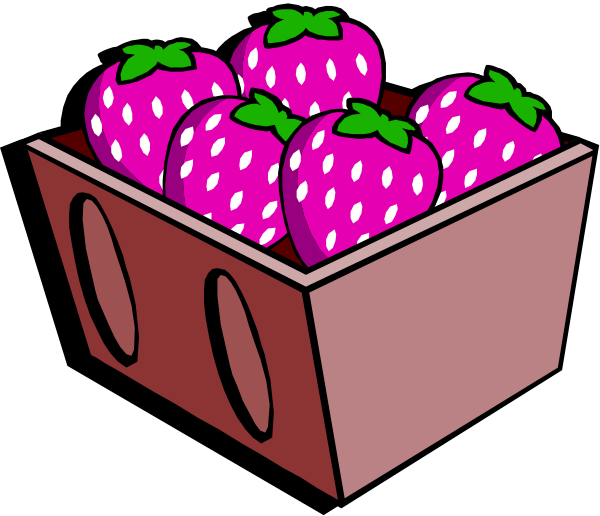 The illustration shows a cartoon depiction of six strawberries with green leaves inside an open red basket on top of what appears to be a white surface in front of a black background.