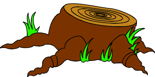 The image shows a cartoon of an anthropomorphic tree with humanoid features peeking out from under its bark, standing in front of another smaller stump that has been cut down to reveal it as well; both trees have green leaves and brown trunks against a dark background.