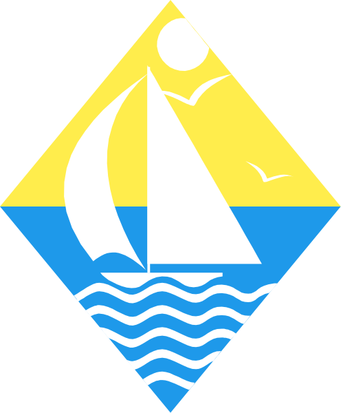 The logo features a stylized sailboat on water with waves depicted by blue lines at its base; above it is an emblem of two birds in flight over land that appears to be mountains under a clear sky, and below this scene there's a diamond-shaped border containing the text "Sailboats" within.
