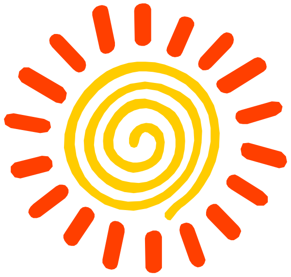 The image shows a sun with red rays emanating from it against an orange background inside of which is a yellow spiral pattern resembling a target.