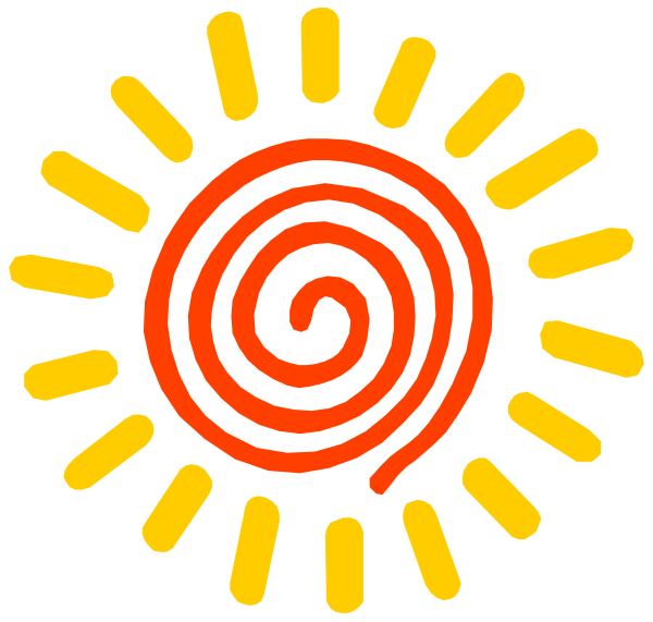 The image shows a sun with rays emanating from it against an orange background inside of which is a red spiral pattern resembling a target.