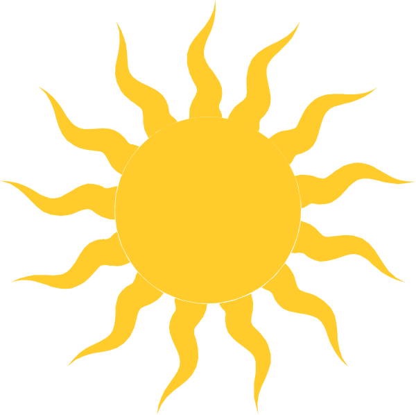 The image shows a simple black silhouette of an orange sun with rays extending outward against a dark background.
