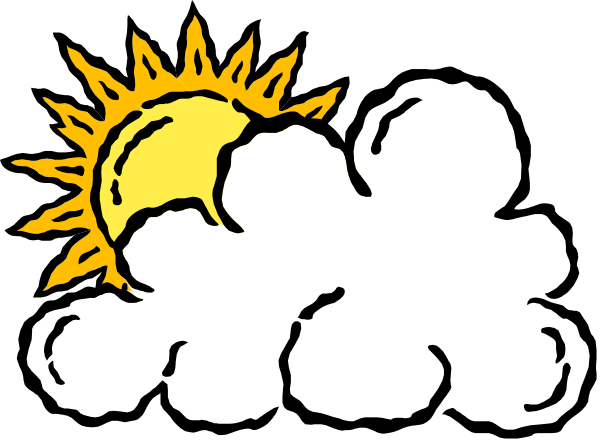 The image shows a cartoon cloud with sun rays peeking through it next to an illustration of what appears to be a crescent moon in daylight hours.