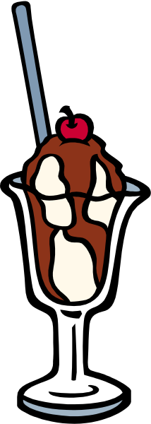 The image shows a tall glass of ice cream with two scoops on top, placed next to an open umbrella in what appears to be rainy weather outside a building during daylight hours.