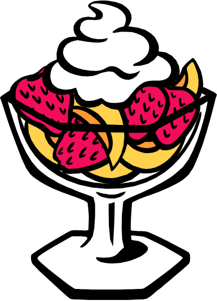 The image shows a cartoon of an ice cream sundae with strawberries on top served inside a glass dish placed in front of a white wall background.