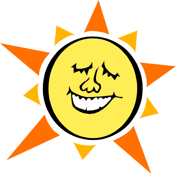 The image shows a cartoon sun with eyes drawn on it against an orange background featuring rays of light emanating from its center.