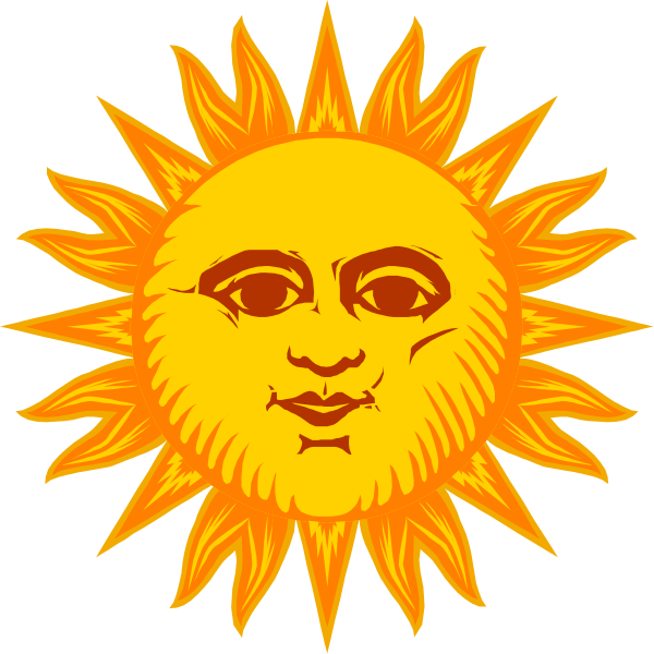 The image features a sun with rays extending outward from its center, set against an orange background that resembles flames; there is no text present in this clip-art illustration.