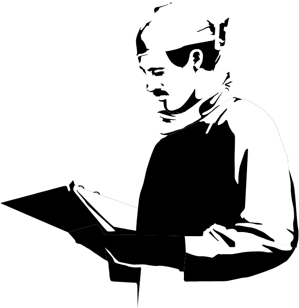 The black and white silhouette of a man reading from an open book while standing outdoors at night under artificial lighting.