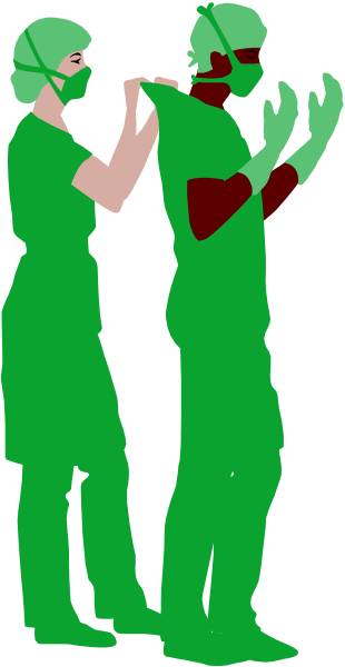 The image shows a black and white silhouette of two figures standing side by side with medical masks on their faces; both appear to be healthcare workers given context clues such as stethoscopes around necks, one figure is holding what looks like an instrument or tool in hand while the other has hands clasped together.