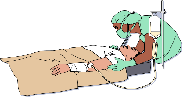 The image shows a cartoon of an emergency medical situation with two characters: a patient lying on a bed hooked up to various machines like oxygen tanks and IV drips; and a nurse standing next to them, holding their head in concern while looking at something off-camera.