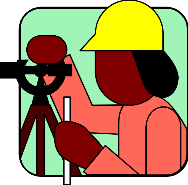 The image shows a cartoon of an individual wearing construction gear holding binoculars while standing next to surveying equipment in front of what appears to be a building under construction with blueprints on it.