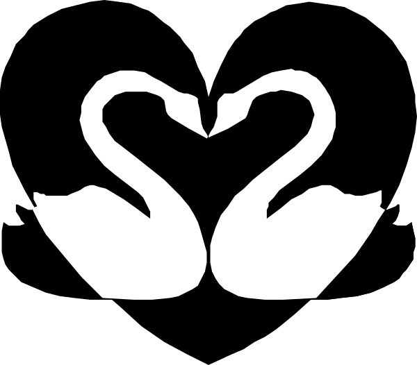 The black and white silhouette of two swans with a heart between them on top of each other's heads in front of what appears to be water.