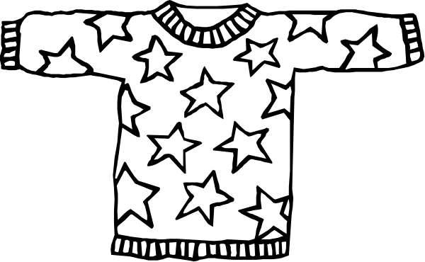 The black and white illustration shows a sweater with star patterns on it displayed against a dark background.