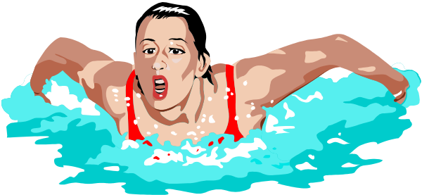 The image shows a person swimming with their arms outstretched above them; it is an illustration of someone wearing red swimwear in water that appears to be blue-greenish.