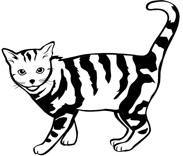 The black and white silhouette of a cat with stripes on its body is shown against an unidentified background in this clip-art image.