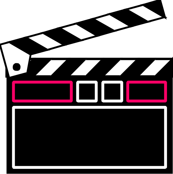 The image shows a black film clapperboard with red text on it against a white background at top left corner of another larger picture that appears to be an illustration related to movies but is too small for me to discern its content accurately.