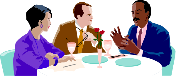 The image shows a cartoon of three animated characters sitting at a dinner table with wine glasses; two adults appear to be engaged in conversation while one character is gesturing towards them.