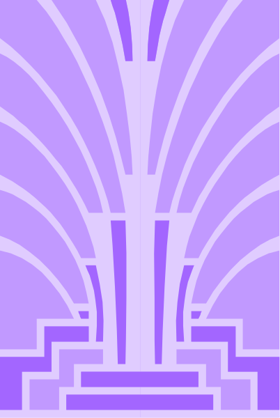 The image shows a stylized fountain with water flowing from multiple points into an upward spout against a pink background on one side of the frame.