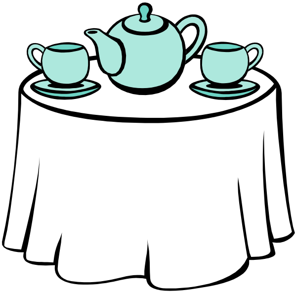 The illustration shows a table with two teacups on saucers placed at opposite ends of it under what appears to be an umbrella-like structure that is open above them; there's no visible text in this image, and all elements seem static without any actions taking place or people present.