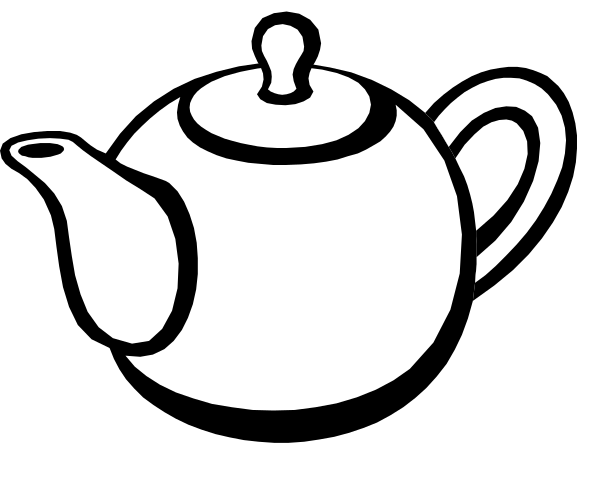 The black and white silhouette of a teapot with its lid open on top of what appears to be an oven door in front of it.