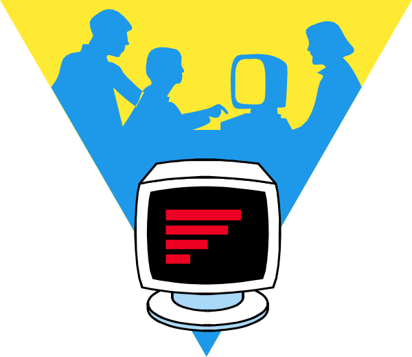 The image shows a computer monitor with an icon of three figures on it against a background that includes silhouettes of two individuals working at desks in front of monitors; there is also a bar graph symbolizing data analysis, and above this scene, there's a triangle-shaped emblem.