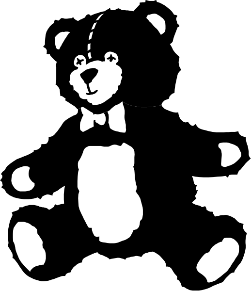 The black and white silhouette of a teddy bear wearing a bow tie standing upright against a dark background with stripes on either side.