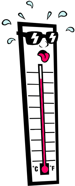 The image shows a thermometer with an exaggeratedly high temperature reading of 105 degrees Celsius (223 Fahrenheit), accompanied by steam pouring out from its top end to indicate extreme heat, and it is set against a black background that has been split diagonally. There are no other objects or people in the image; only the thermometer with temperature reading and steam effect can be seen clearly.