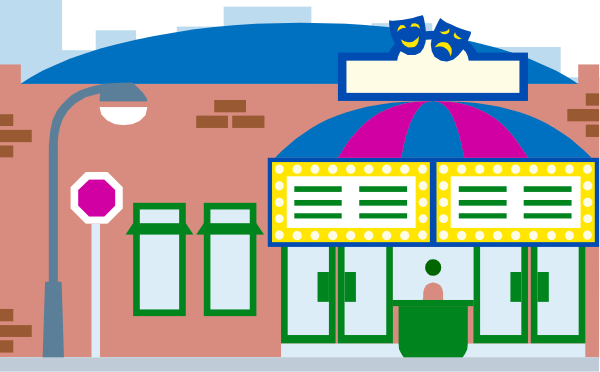 The image shows a stylized depiction of an outdoor restaurant with a green umbrella over its entranceway on what appears to be a rainy day; there's no visible text in this clip-art illustration, and it is not possible for me to provide any information about the people or animals present.