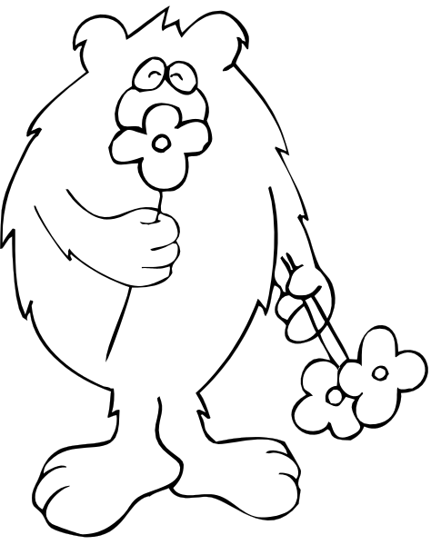 The black and white cartoon features a character holding an object that resembles a flower with petals shaped like leaves in one hand while pointing to something off-screen with its other hand.