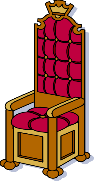 The illustration shows a cartoon depiction of an elaborate throne with red cushions on it against a plain background.
