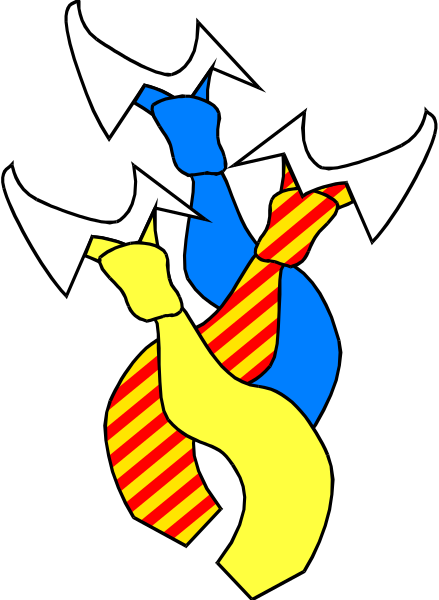 The image shows a black background with three ties hanging from hooks at different angles; two of them have red stripes on their ends while one has blue stripes.