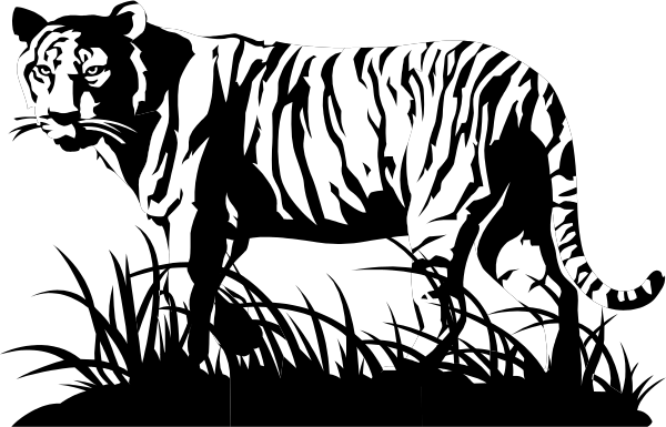 The black and white silhouette of a tiger standing on its hind legs with front paws raised as if roaring.