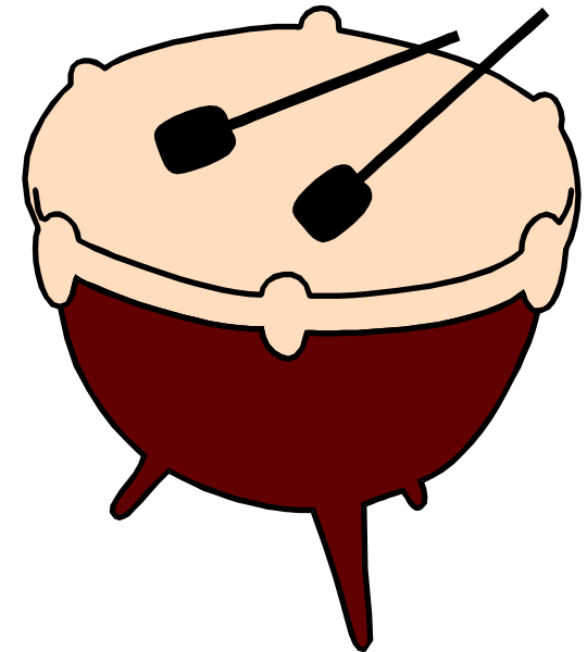 The image shows a cartoon of an upright bass with two hands on its neck playing it while standing next to what appears to be a red object that could represent either a drum set or another musical instrument due to similarities in shape and color, but without more context, I cannot definitively identify the second item.