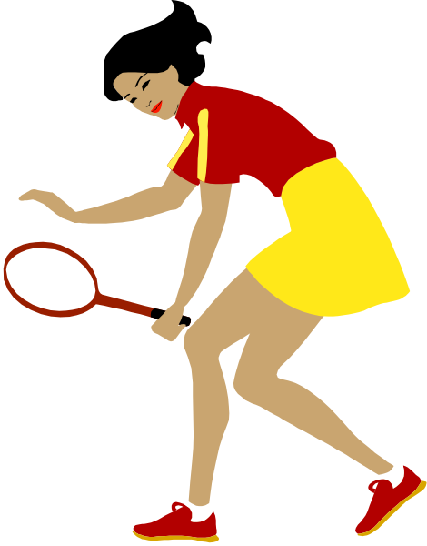 The image shows a cartoon of an animated female tennis player holding a red racket while running on what appears to be a court with lines indicating boundaries for play. She is wearing yellow shorts over her legs, white socks and shoes, and has short hair styled in bangs.