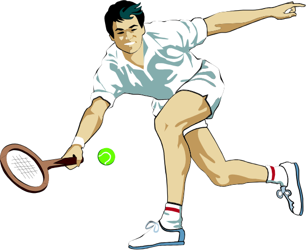 The image shows a man playing tennis on an indoor court with white walls; he is holding two rackets simultaneously while running towards his right side of the frame.