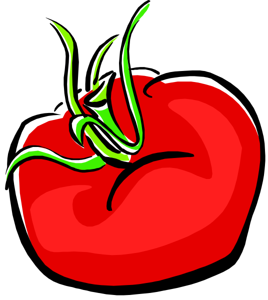 The image shows a cartoon tomato with green stem attached to it on top of what appears to be an unseen surface in black-and-white format.
