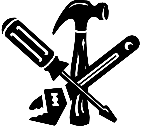 The black and white silhouette of a person holding two guns crossed over each other with an arrow pointing to them from above.