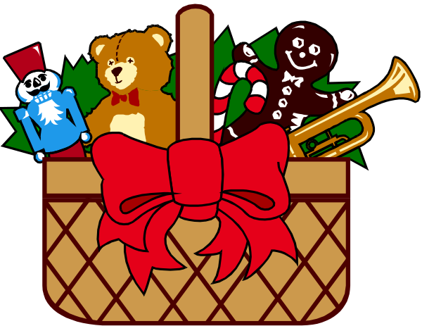 The image shows a Christmas gift basket with various items inside: teddy bears, candy canes, mistletoe, holly leaves, red bow on top of wicker basket, trumpet in background and snowman figure next to it all set against dark backdrop
