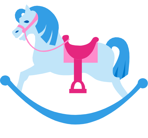 The image shows a stylized illustration of an animated horse with reins attached to its head, pulling what appears to be a plow behind it on top of which is a pink object that could represent something like a flower pot or container; there's also a blue ribbon around the neck and chest area. The background is black.