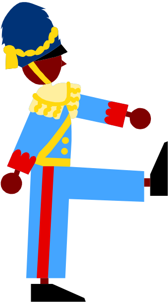 The image shows a stylized cartoon of an animated character dressed as a military officer with blue uniform pants, red boots, gold epaulettes on shoulders, holding what appears to be a sword in one hand and pointing upwards with another while standing against a gray background that has two vertical lines.