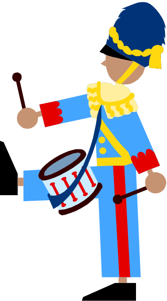 The image shows a cartoon of an animated character dressed as a marching band member holding a drum with both hands while standing in front of it on what appears to be a stage set against a gray background.