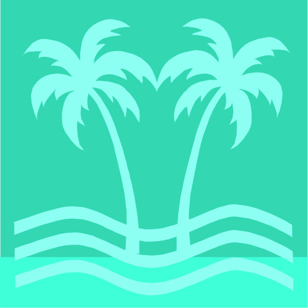 The image shows a stylized graphic of two palm trees with blue outlines against an aqua background that resembles water waves on either side; there is no text present in this clip-art illustration, which has a simple and flat design commonly used for icons or decorative elements.