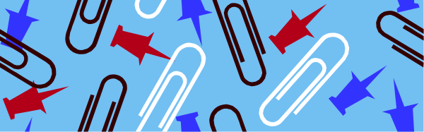 The image shows a collection of paper clips with various designs on them arranged against a blue background that has red stars scattered across it; there is no text present in this clip-art picture.