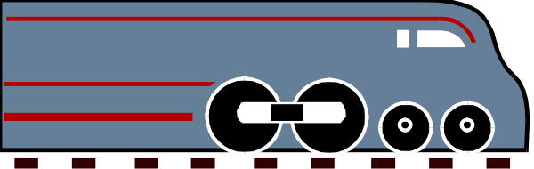 The image shows a train with red stripes on its side traveling along tracks against an overcast sky background.