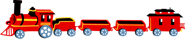 The image shows a red train with multiple cars on tracks against an overcast sky background.